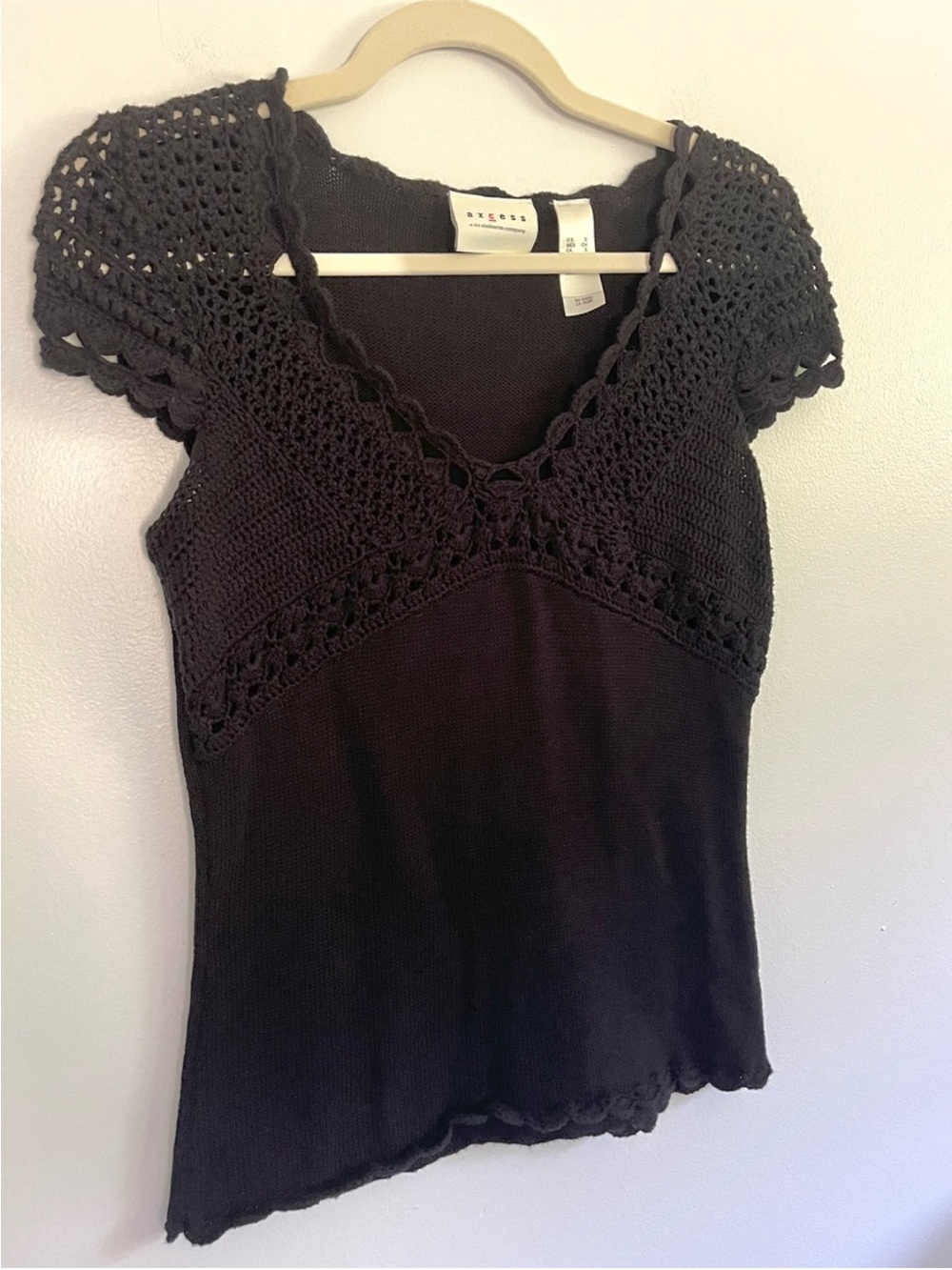 Y2K Black Crochet Babydoll V-Neck Knot Top Whimsigoth Grunge Fairycore Goth S